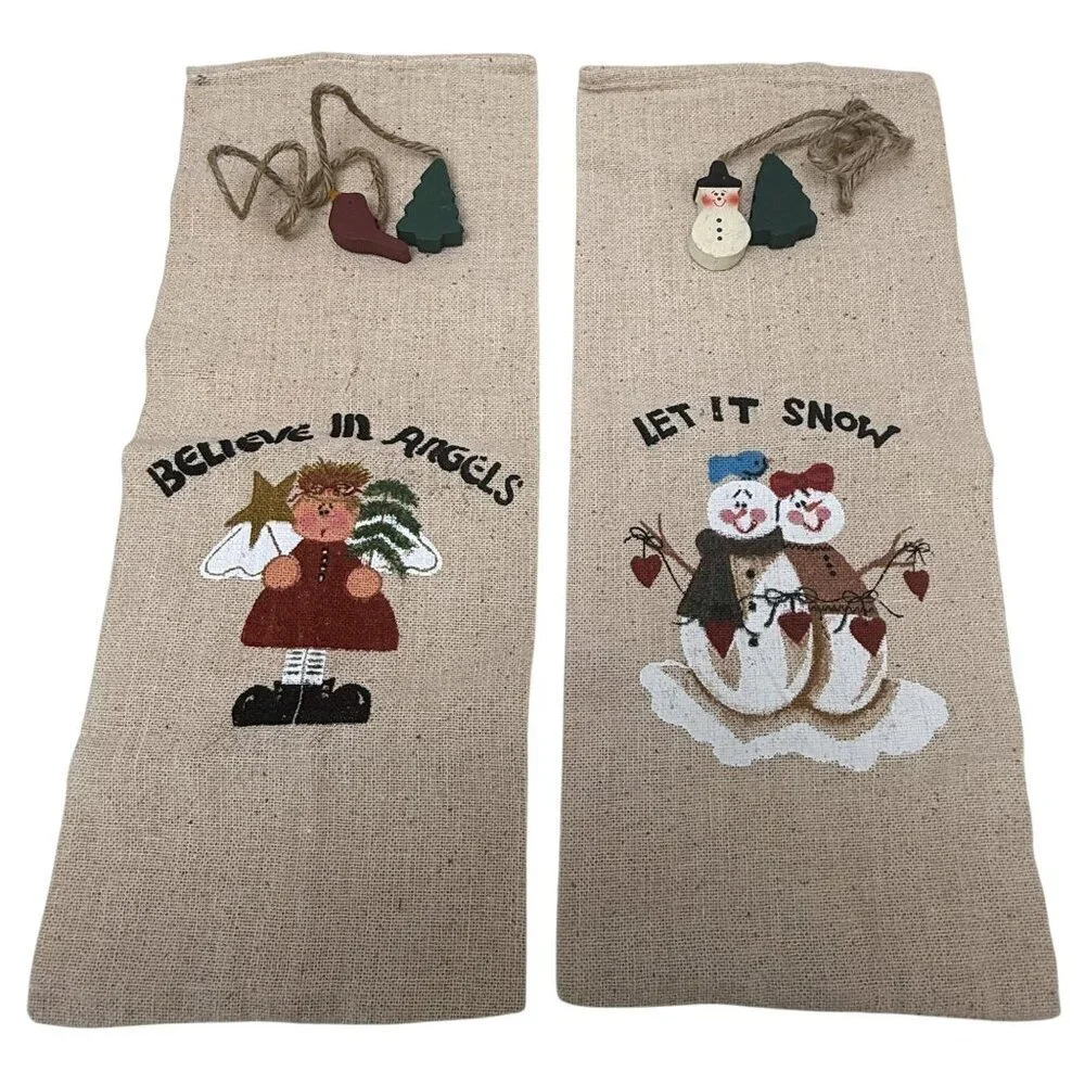 Christmas Wine Bottle Bags Angel and Snowman Cotton Blend Burlap w/ Charm Ties